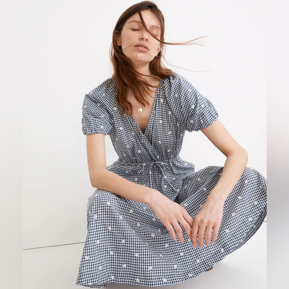 Madewell Embroidered Gingham Faux-Wrap Tie-Waist Midi Dress